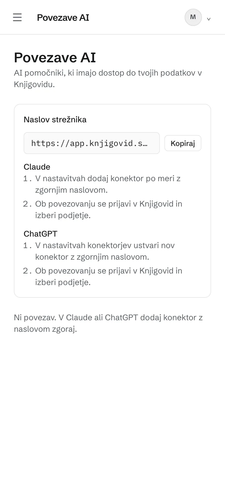 Stran Povezave AI na telefonu z naslovom strežnika in gumbom Kopiraj.