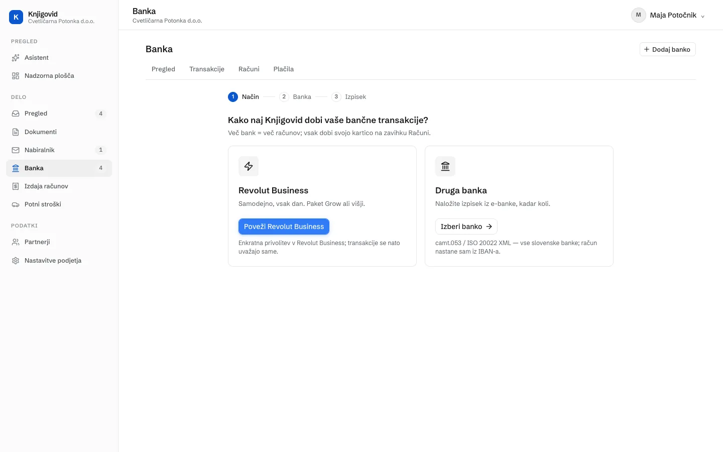 Prvi korak čarovnika Dodaj banko. Dve kartici, Revolut Business in Druga banka.