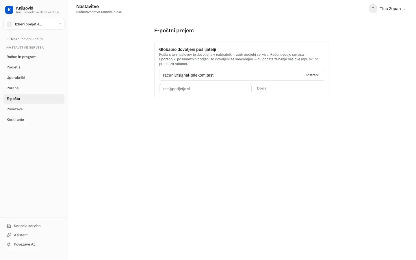 Nastavitve, E-pošta. Seznam Globalno dovoljeni pošiljatelji, ki velja za vsa podjetja servisa.