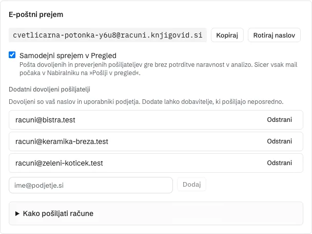 Odsek E-poštni prejem v nastavitvah demo podjetja. Naslov z gumboma Kopiraj in Rotiraj naslov, stikalo Samodejni sprejem v Pregled in seznam dodatnih dovoljenih pošiljateljev.
