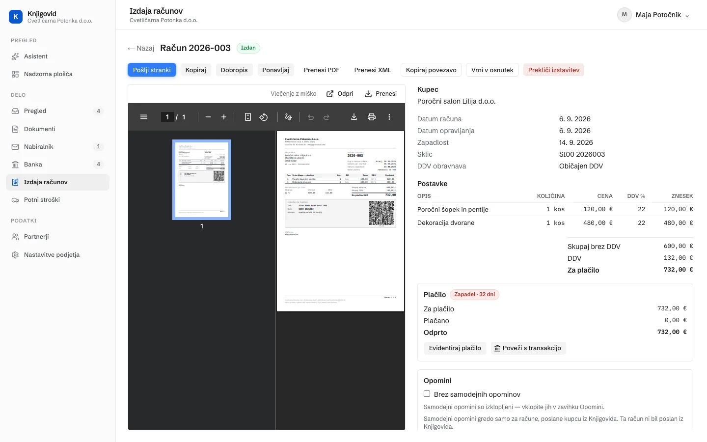 Izdan račun demo podjetja. Levo predogled PDF z UPN QR kodo, desno podatki računa in vrstica gumbov.