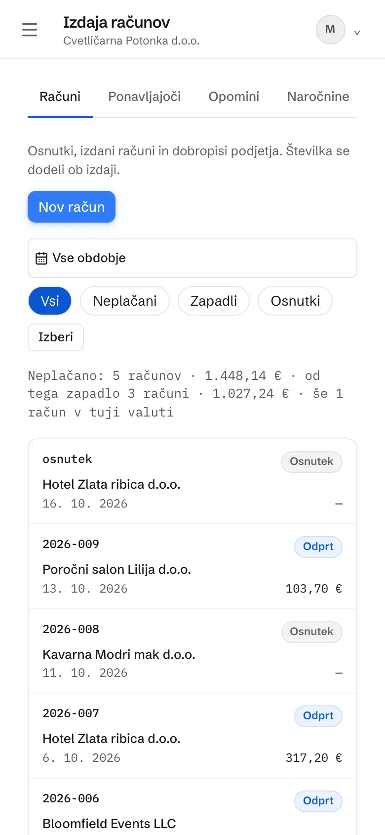 Seznam izdanih računov na telefonu. Vsak račun je kartica s številko in stanjem zgoraj, kupcem v sredini ter datumom in odprtim zneskom spodaj.
