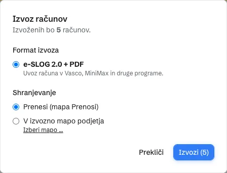 Okno Izvoz računov v demo podjetju. Format e-SLOG 2.0 in PDF, izbira shranjevanja Prenesi ali V izvozno mapo podjetja in gumb Izvozi.