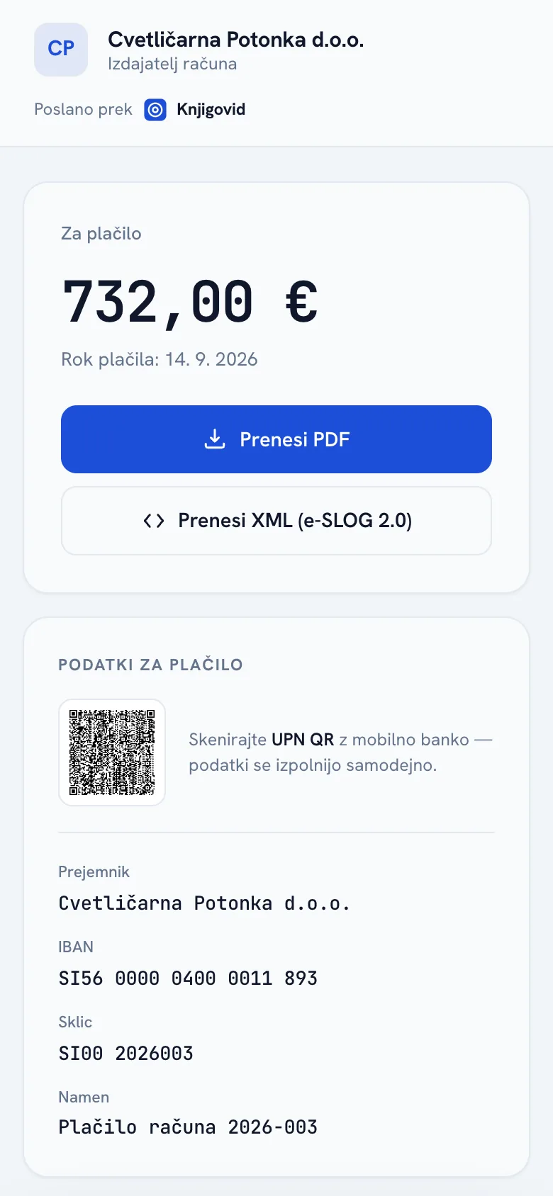 Spletna stran izdanega računa demo podjetja na telefonu, z zneskom za plačilo in UPN QR kodo.