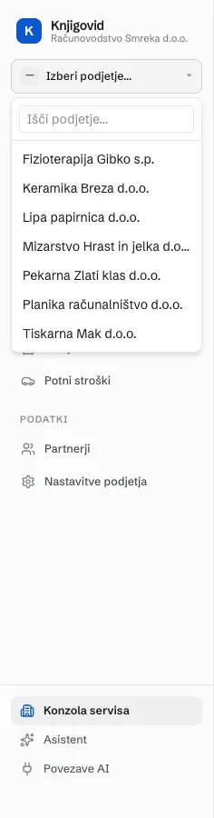 Odprt izbirnik podjetja v stranskem meniju z iskalnim poljem Išči podjetje in seznamom izmišljenih podjetij.