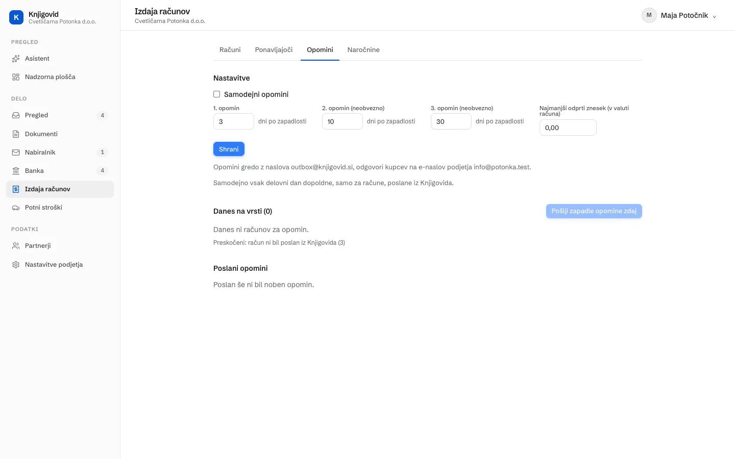 Zavihek Opomini demo podjetja. Stikalo Samodejni opomini, polja za 1., 2. in 3. opomin v dneh po zapadlosti, najmanjši odprti znesek, spodaj seznama Danes na vrsti in Poslani opomini.