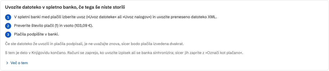 Razdelek Kaj zdaj pri izvoženem nalogu. Oštevilčeni koraki za uvoz datoteke XML v spletno banko in podpis plačil.