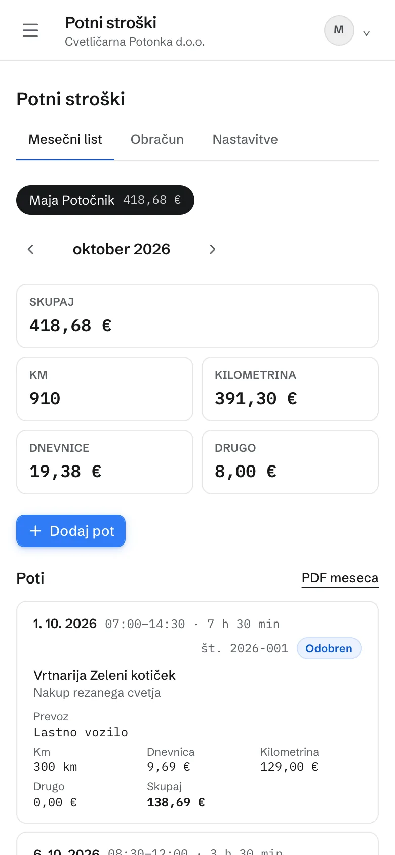 Mesečni list potnih stroškov na telefonu.