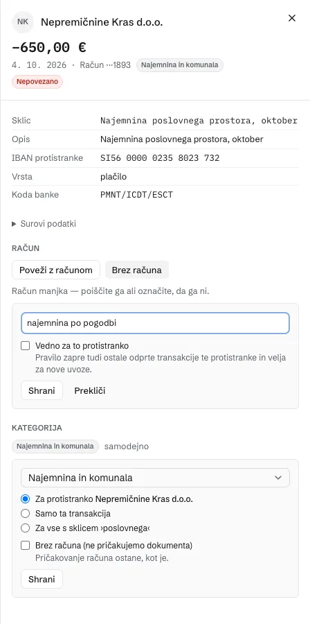 Transakcija z odprtim poljem Brez računa. Polje za razlog in potrditveno polje Vedno za to protistranko.