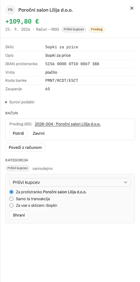 Odprta transakcija v stranskem panelu. Podatki banke, predlagan račun z gumboma Potrdi in Zavrni ter kategorija.