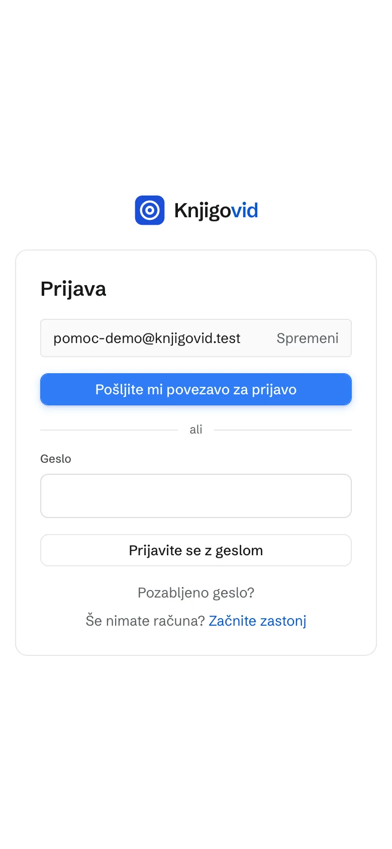 Zaslon Prijava z vpisanim e-naslovom. Zgoraj gumb Pošljite mi povezavo za prijavo, pod črto ali polje Geslo in gumb Prijavite se z geslom.