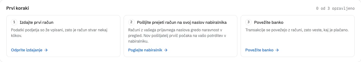Kartica Prvi koraki na nadzorni plošči podjetja s koraki Izdajte prvi račun, Pošljite prejeti račun na svoj naslov nabiralnika in Povežite banko.