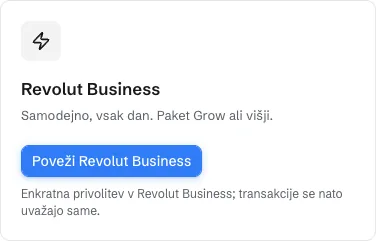 Prvi korak čarovnika Dodaj banko s kartico Revolut Business in gumbom Poveži Revolut Business.