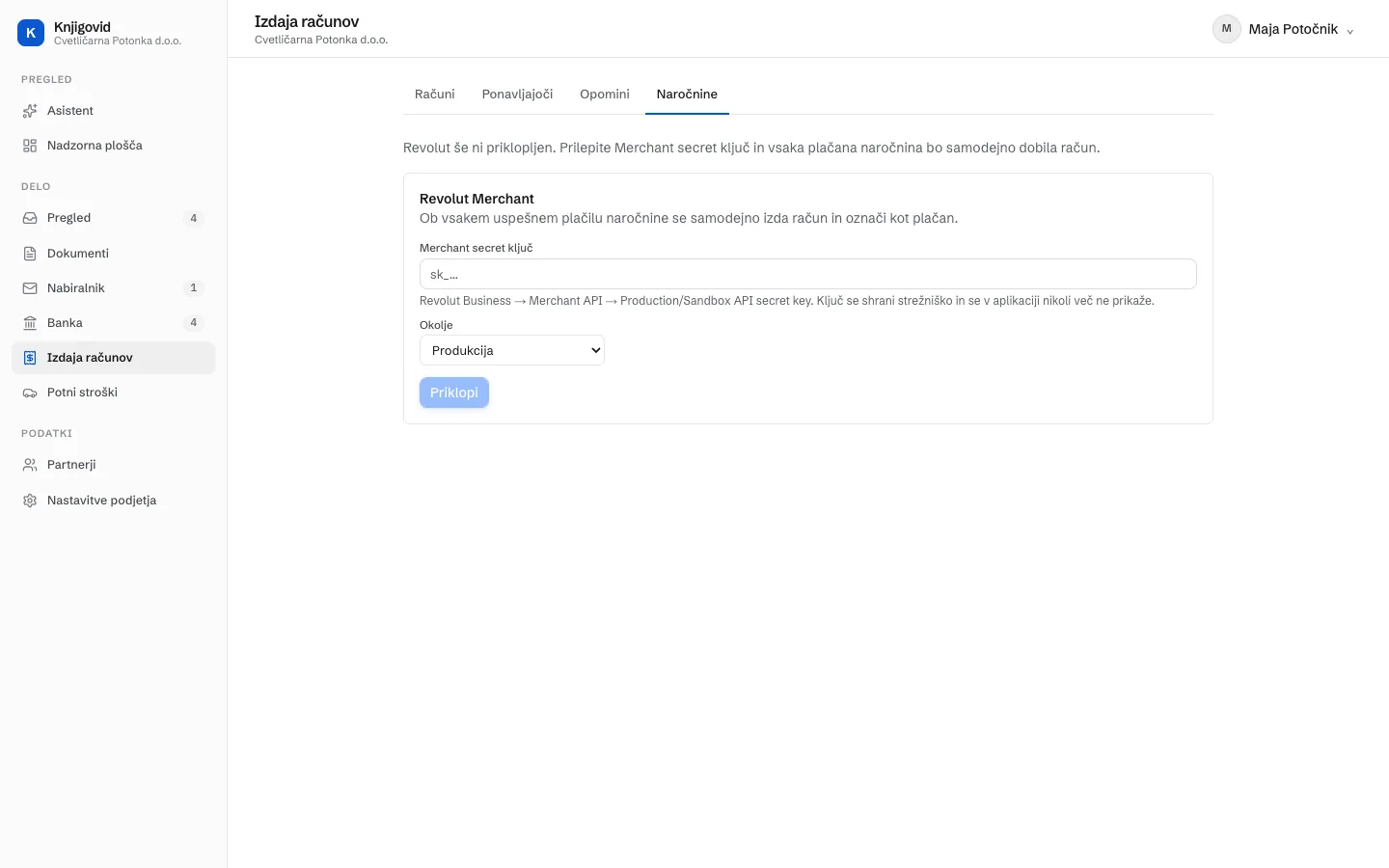 Zavihek Naročnine brez priklopa. Kartica Revolut Merchant s poljem za ključ, izbiro okolja in gumbom Priklopi.