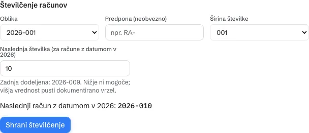 Razdelek Številčenje računov v Nastavitvah podjetja. Izbira oblike, predpona, širina številke, naslednja številka in predogled številke naslednjega računa.