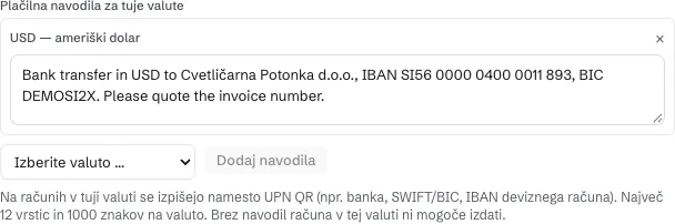 Polje Plačilna navodila za tuje valute v Nastavitvah podjetja, z izmišljenimi navodili za plačilo v USD.