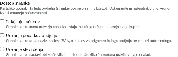 Razdelek Dostop stranke v nastavitvah podjetja s tremi stikali, Izdajanje računov, Urejanje podatkov podjetja in Urejanje številčenja.