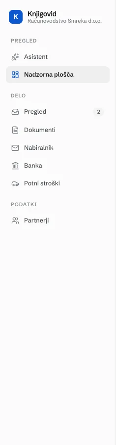 Stranski meni, kot ga vidi uporabnik podjetja. Zgoraj ime podjetja brez izbirnika podjetij, pod njim Pregled, Dokumenti, Nabiralnik, Banka, Potni stroški in Partnerji.