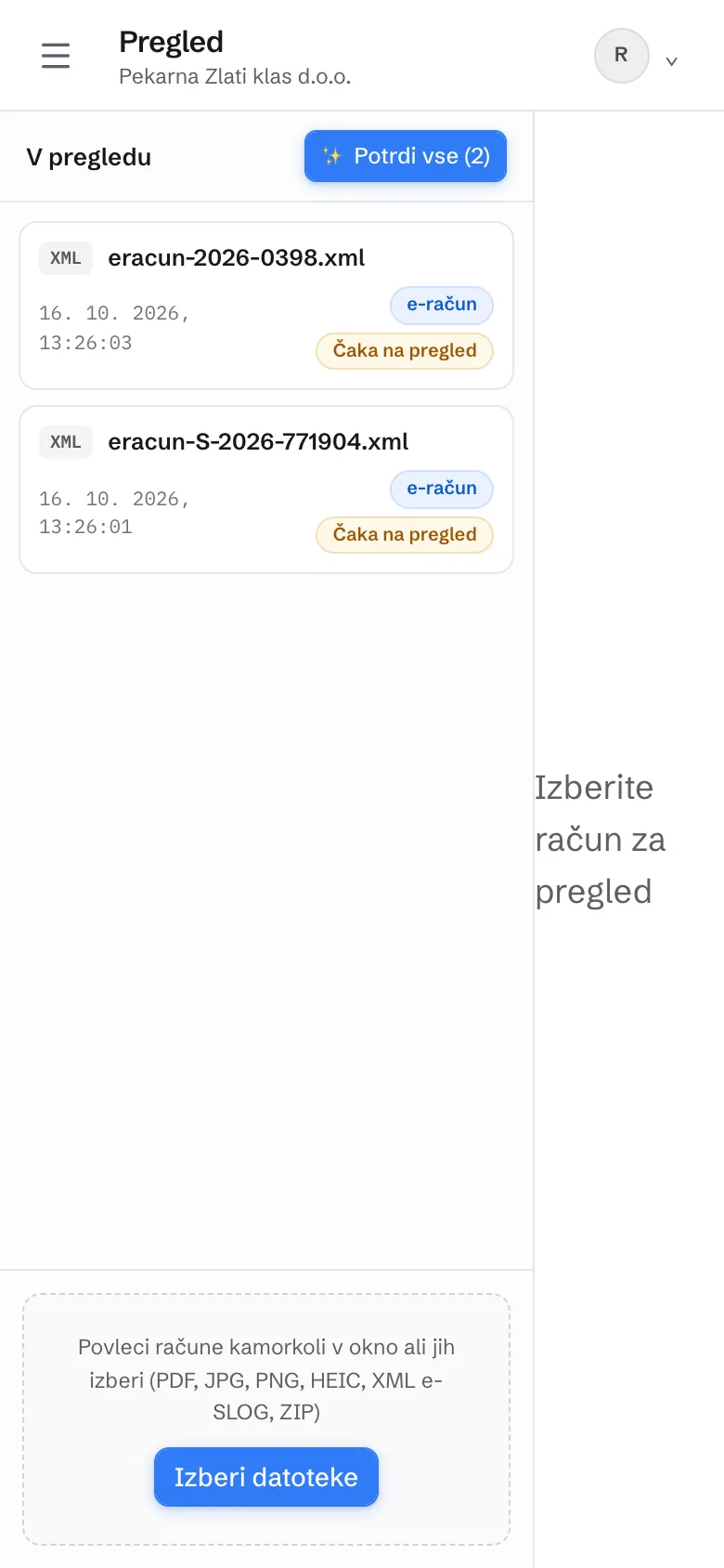 Pregled računov na telefonu, kot ga vidi uporabnik podjetja, s poljem za nalaganje datotek.
